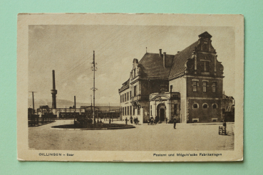 Postcard PC Dillingen Saat 1918 mail office and Meguin Factory Town architecture Saarland